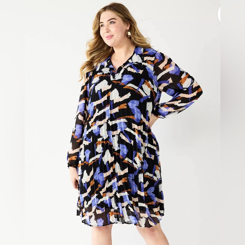 Nine West Black, Blue, White & Brown Abstract Pleated Dress